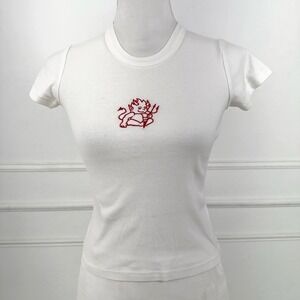 Brandy Melville JOHN GALT White tee w/red devil Graphic Cropped T Shirt Women